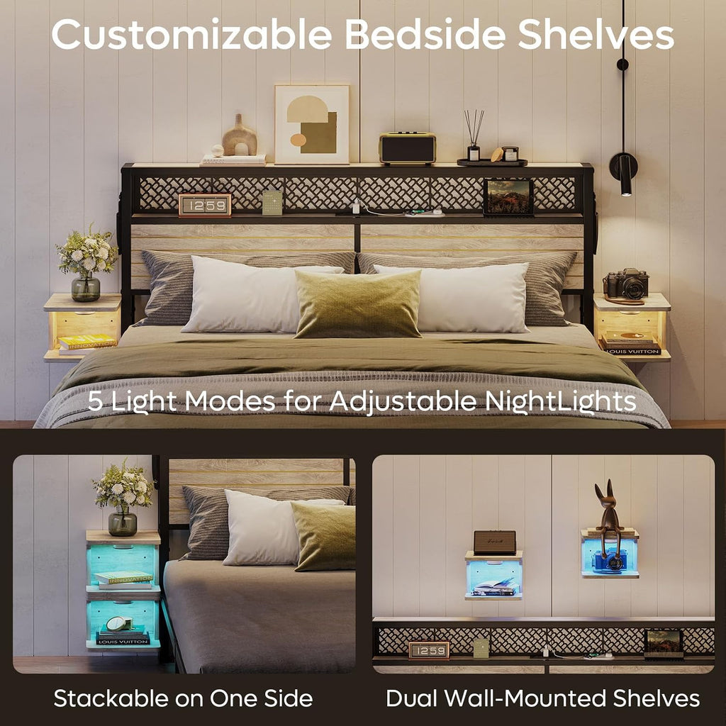 Bestier King Bed Frame with Horizontal Golden Stripe Storage Headboard&LED Nightstands, Metal Platform Bed with Charging Station, Heavy Duty Metal Slats, No Box Spring Needed, Noise Free(Grey Oak)