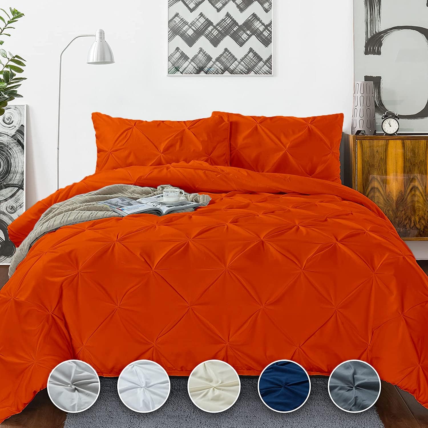 Crown Collection Luxuriate Hotel 1000-TC Hypoallergenic Ultra Soft Design 100% Egyptian Cotton Super King Plus 120X120 Orange Solid Pinch Pleated Duvet Cover with Zipper Colser & 2pcs Pillow Case Set