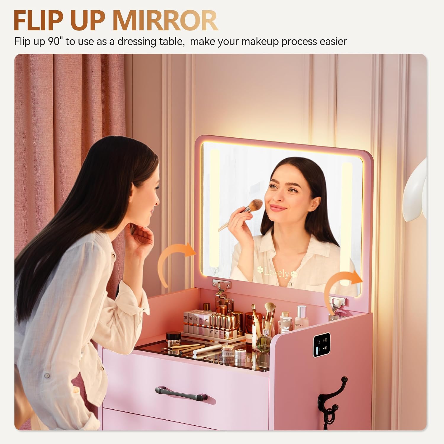 3 in 1 Vanity Desk with Flip up Mirror and Lights, Glass Top Makeup Vanity Table with Charging Station,LED Compact Dressing Table with 3 Drawer and Wheel Storage Stool for Bedroom(Pink)