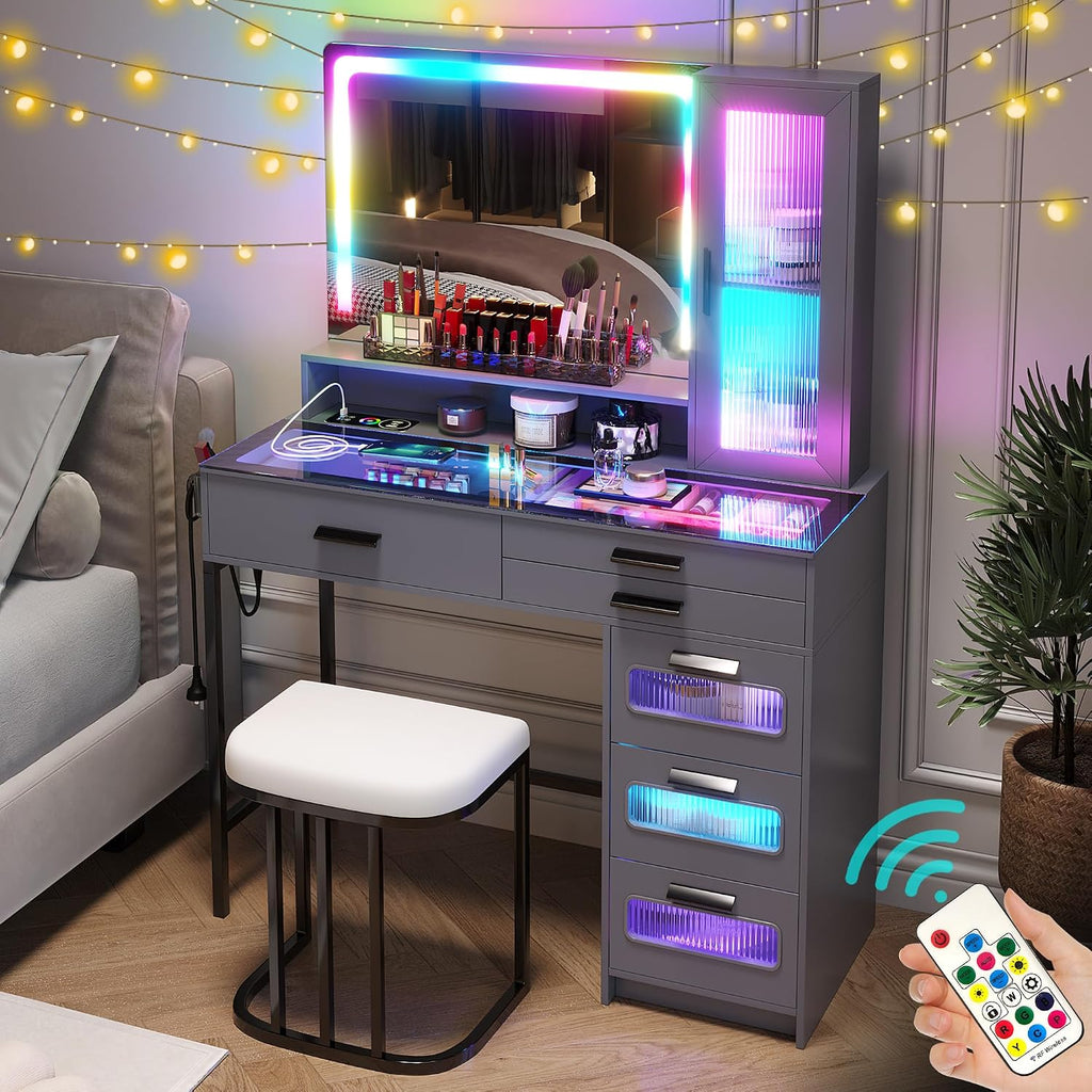 WOOVIVS Vanity with LED Mirror, Makeup Desk with 24 RGB Atuo Lighted Drawers for Bedroom, Glass Top Vanities Table Set with Wireless Charging Station, Chair,Jewelry Organizer for Girls/Women (Grey)