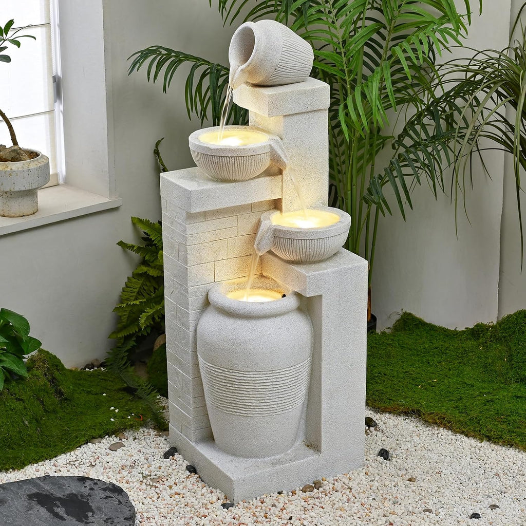 42.52' Outdoor Garden Water Fountain with Lights 4 Tiers Cascading Large Waterfall Floor Standing Fountain for Patio, Backyard, Deck, Porch and Home Art Decor