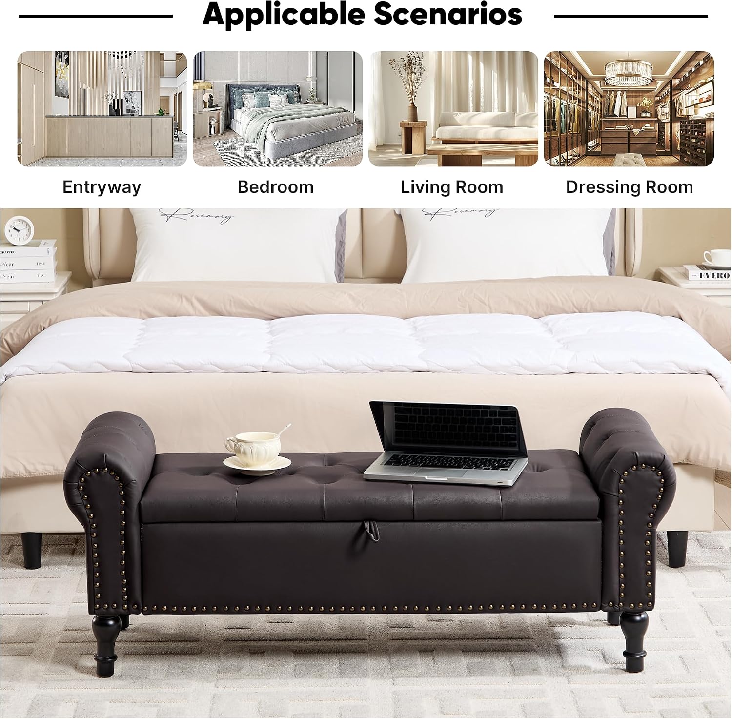 51' Storage Bench for Bedroom, Faux Leather End of Bed Bench, Queen Size Bench with Rolled Arms, Tufted Storage Ottoman Benches, Upholstered Bench for Bedroom, Living Room, Entryway, Dark Brown