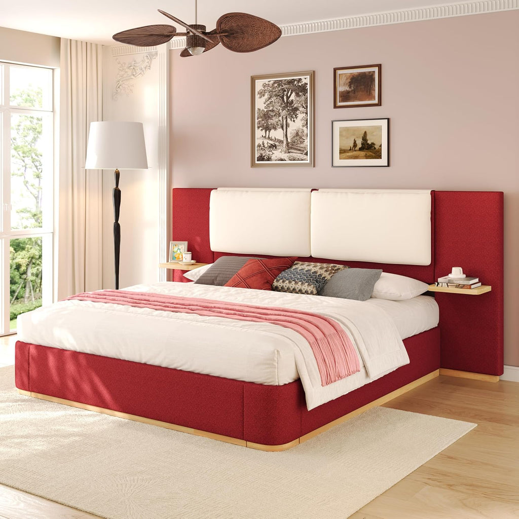 Luxury Bed Frame with Nightstands Modern Bedroom Set, Red Queen Size Floor Platform Bed with Oversize Soft Upholstered Tall Headboard Bedframe, No Box Spring Needed (Red, Queen)