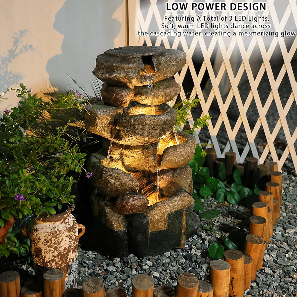 Bumilgar The 4-Tiered Water Fountain Outdoor&Indoor Fountain with Lights, 28.35' Waterfall Fountain for Garden, Patio, Yard, and Lawn, Natural Stone Look Water Features Outdoor Patio