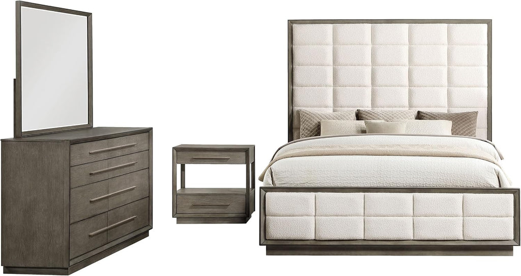 Coaster Home Furnishings Durango Transitional 4-Piece Bedroom Set Boucle Upholstered Eastern King Size Panel Bed Frame 80-inch Headboard Washed Oak 223271KE-S4