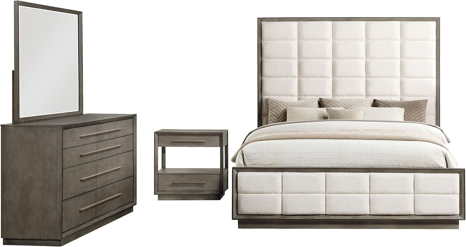 Coaster Home Furnishings Durango Transitional 4-Piece Bedroom Set Boucle Upholstered Eastern King Size Panel Bed Frame 80-inch Headboard Washed Oak 223271KE-S4
