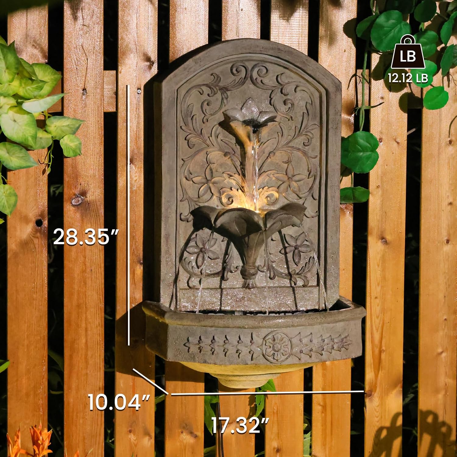 Vintage Wall-Mounted Outdoor Fountain, 28.3' H Resin Garden Water Feature with Floral Carving, Decorative Antique Wall Waterfall for Patio, Yard, Porch & Home Décor