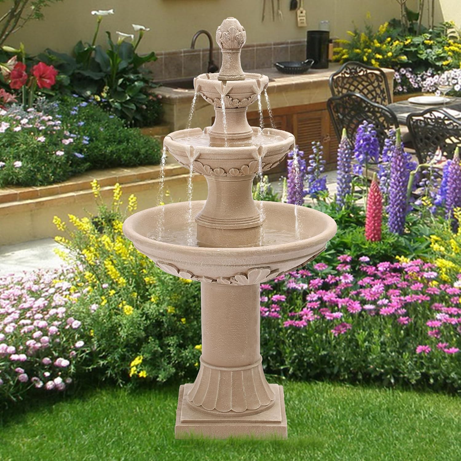 TITIMO 48' High Italian Feature Freestanding Water Fountain Outdoor and Indoor,3-Tier Roman Pillar Waterfalls Fountains for Garden,Patio,Yard,Deck,Backyard,Porch (Natural Tan)