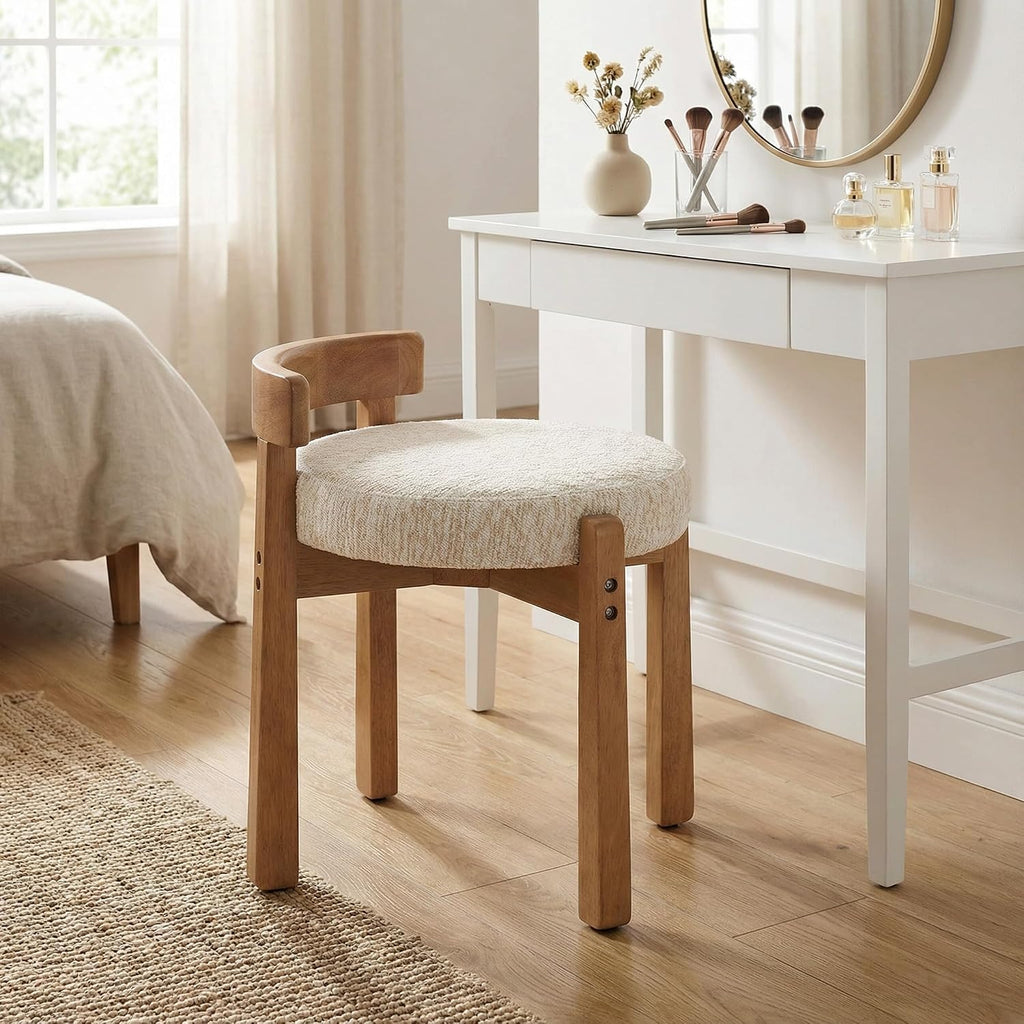 HNY Modern Chenille Vanity Chairs & Ottoman Set of 2 Upholstered Round Seat with Solid Wood Legs, for Makeup Dressing, Living Room Footrest or Piano Bench, Beige