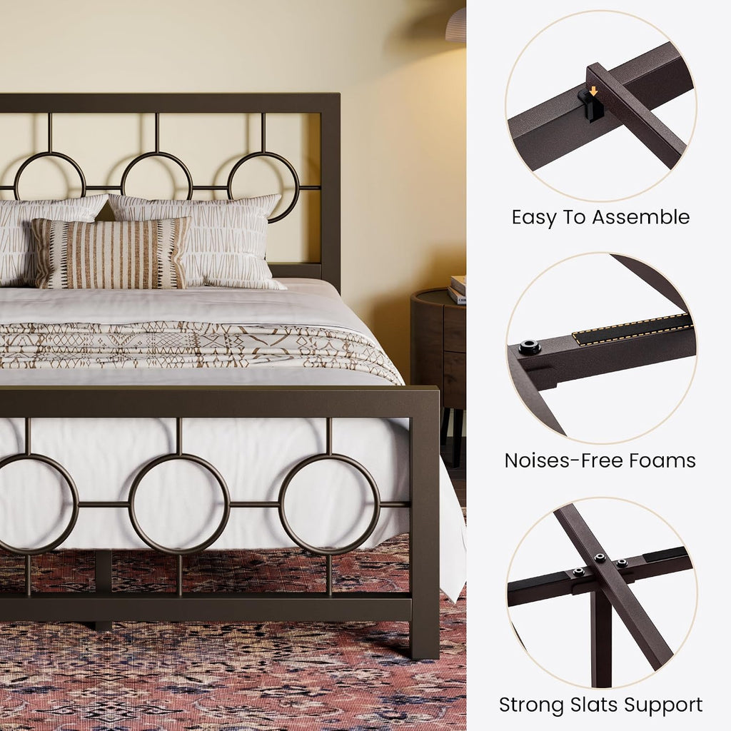 SHA CERLIN Full Size Metal Bed Frame with Vintage Circular Design Headboard and Footboard,No Box Spring Required,Easy Assembly,Noise-Free,Brown