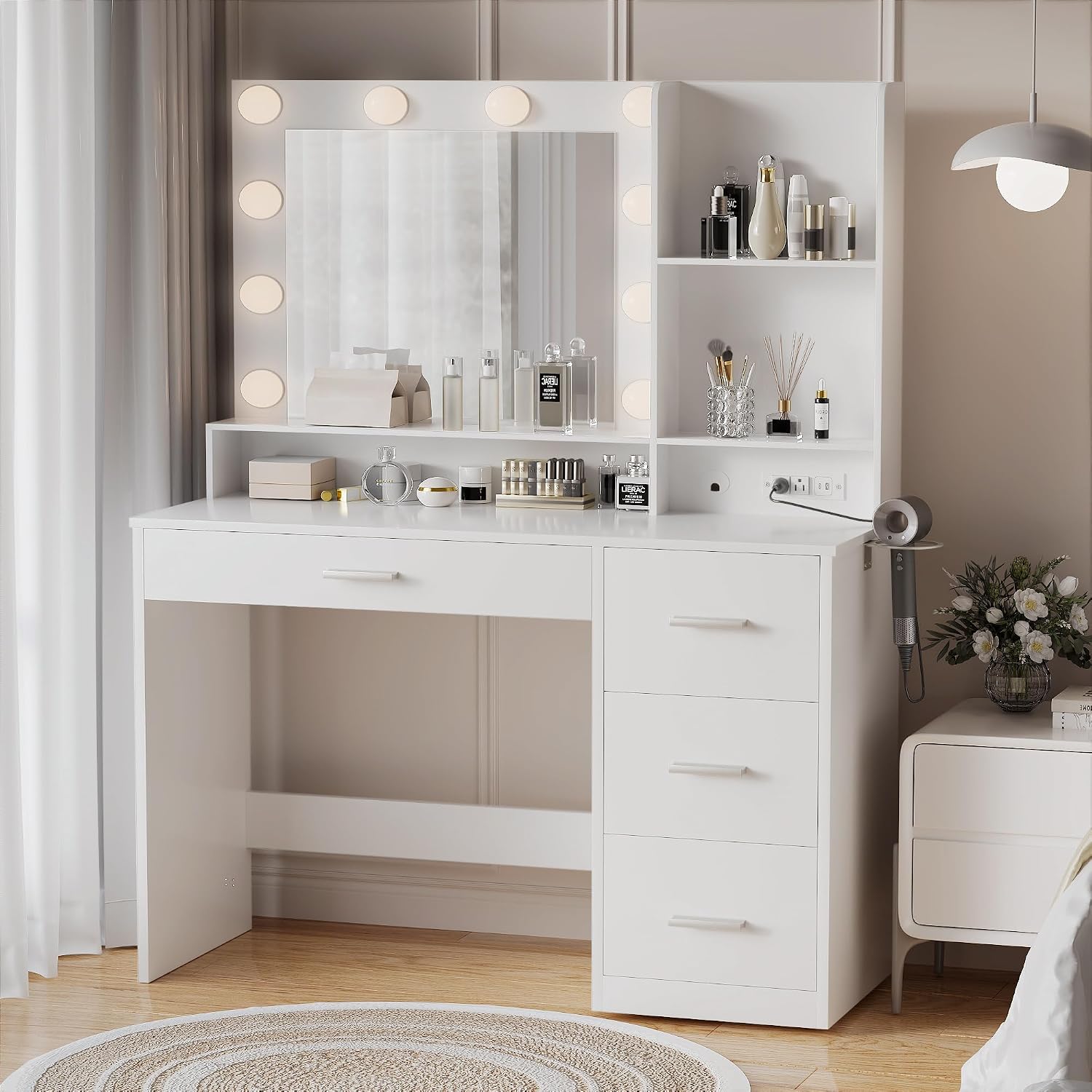 YESHOMY 39' Vanity Desk with Mirror & Lights, Makeup Vanity Table with Power Outlet & Storage Drawers, 3 Color LED Lighting, Dressing Table for Bedroom, Pure White