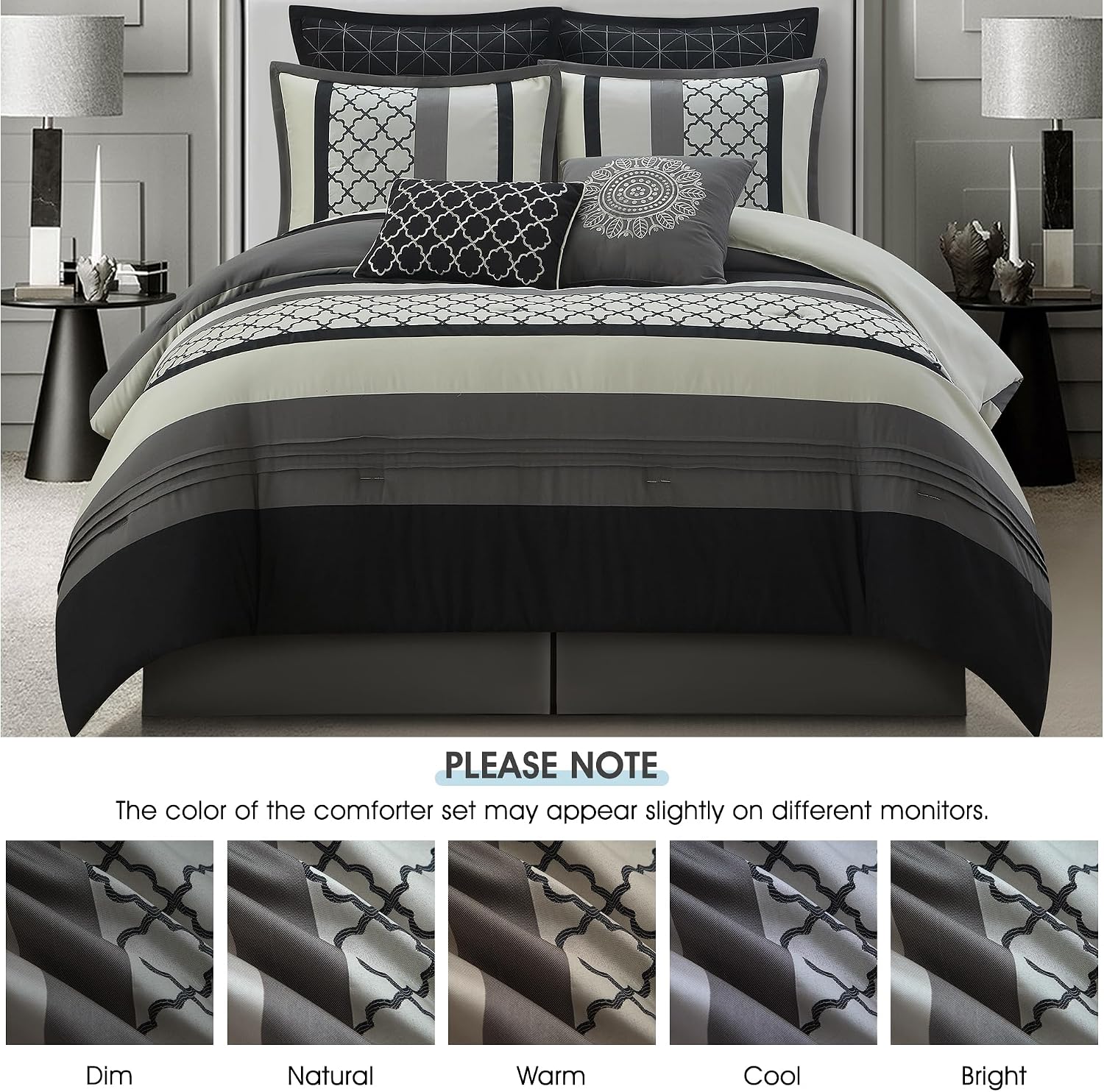 LANCO MODERN LIFESTYLE California King Comforter Set, Black Gray Bedding Set, Jacquard Woven with Embroidery, 8 Pieces Bed in a Bag, Bed Skirt, Shams and Decorative Pillows