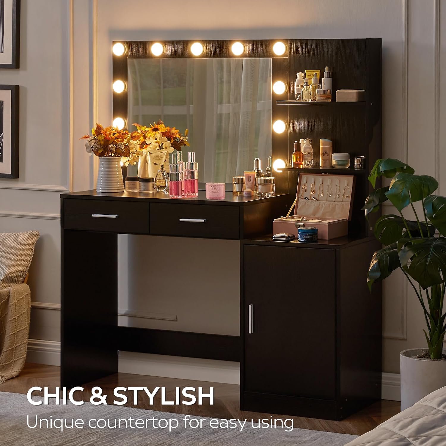 MIRROTOWEL 46.7' Vanity Desk with Mirror & LED Lights, Dressing Table with 2 Large Drawers & Vertical Organizer, 3-Tier Storage, 3 Adjustable Lighting Modes, Makeup Desk for Bedroom