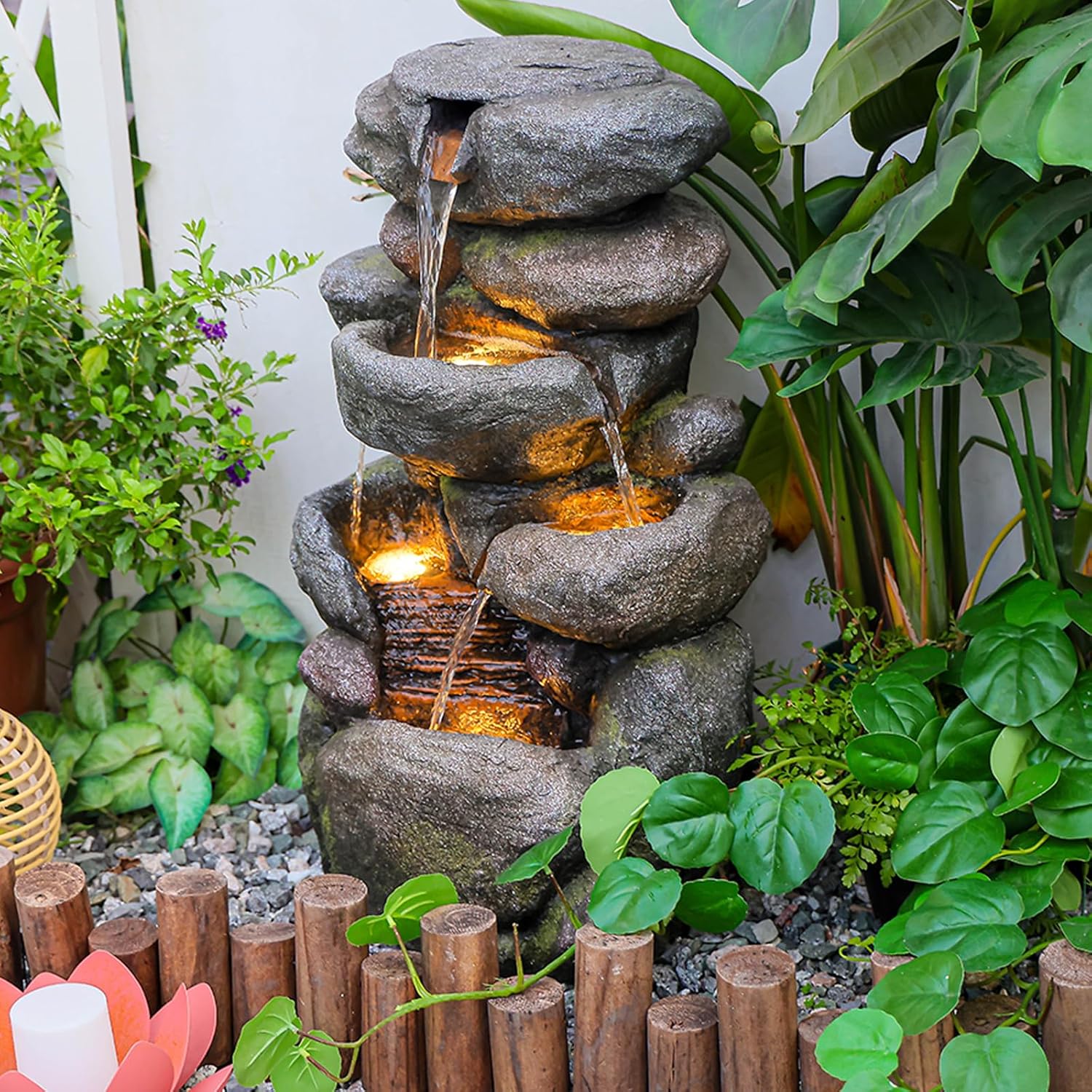 Bumilgar The 4-Tiered Water Fountain Outdoor&Indoor Fountain with Lights, 28.35' Waterfall Fountain for Garden, Patio, Yard, and Lawn, Natural Stone Look Water Features Outdoor Patio
