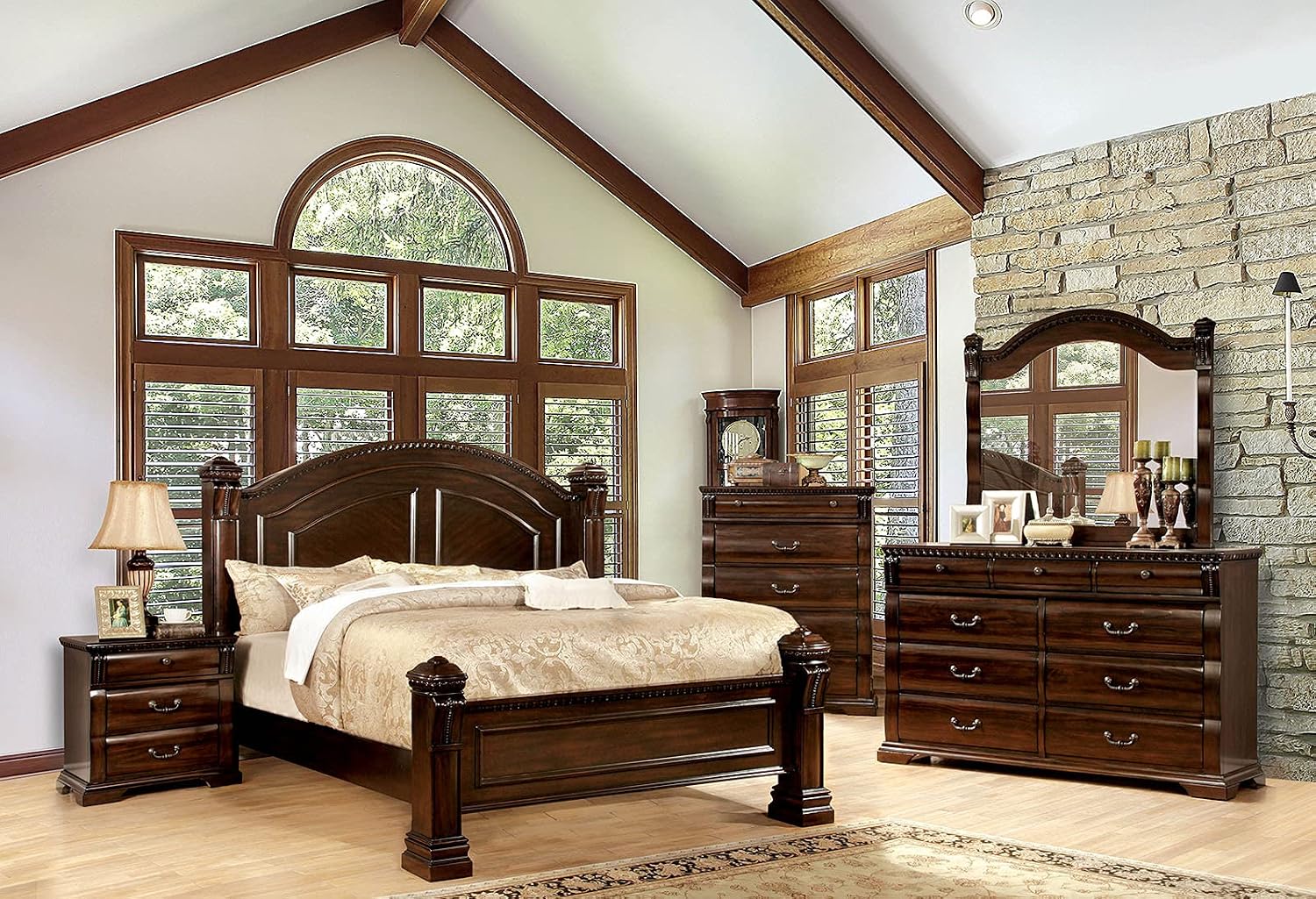 MASARA Transitional Cherry 3-Piece Bedroom Set, Solid Wood and Veneer Construction, Queen/King/Cal King Sizes, Ball Bearing Glides, Felt-Lined Drawers, Bed with 2 nightstand (E.King)
