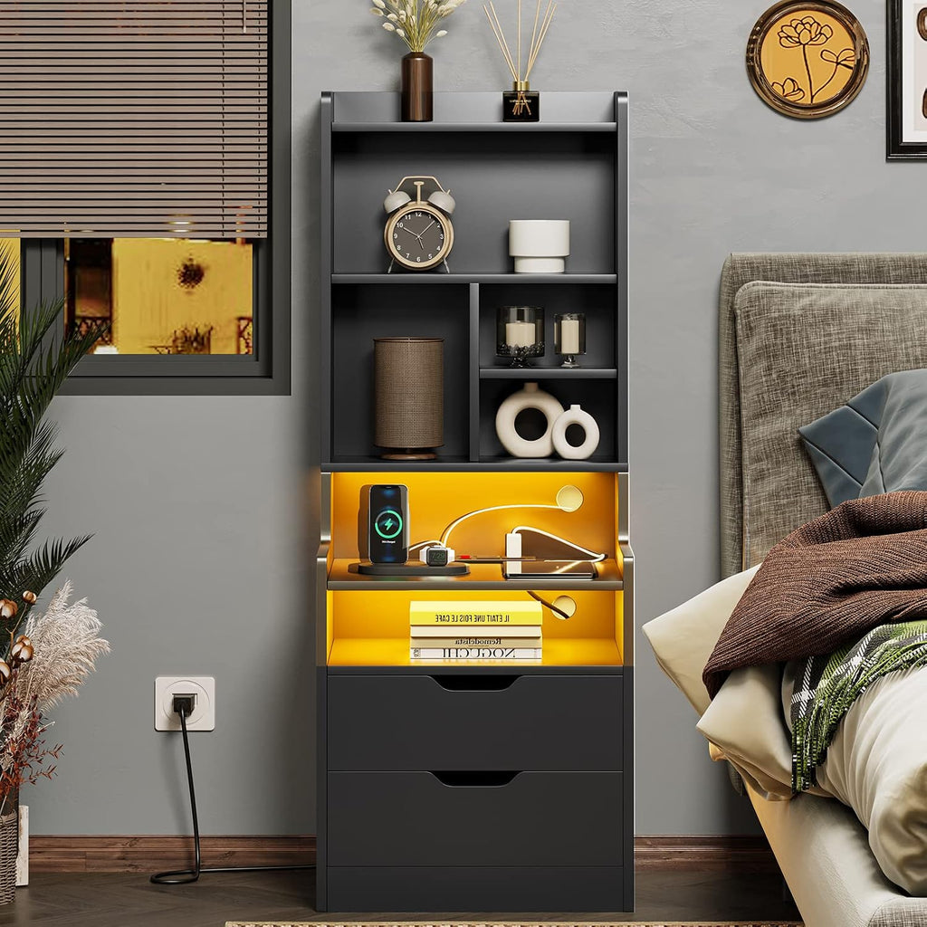 ADORNEVE Charging Nightstand Set of 2 with LED Lights,Tall Night Stand with Bookshelf,Bedside Table with Drawers,Black Side Tables Bedroom