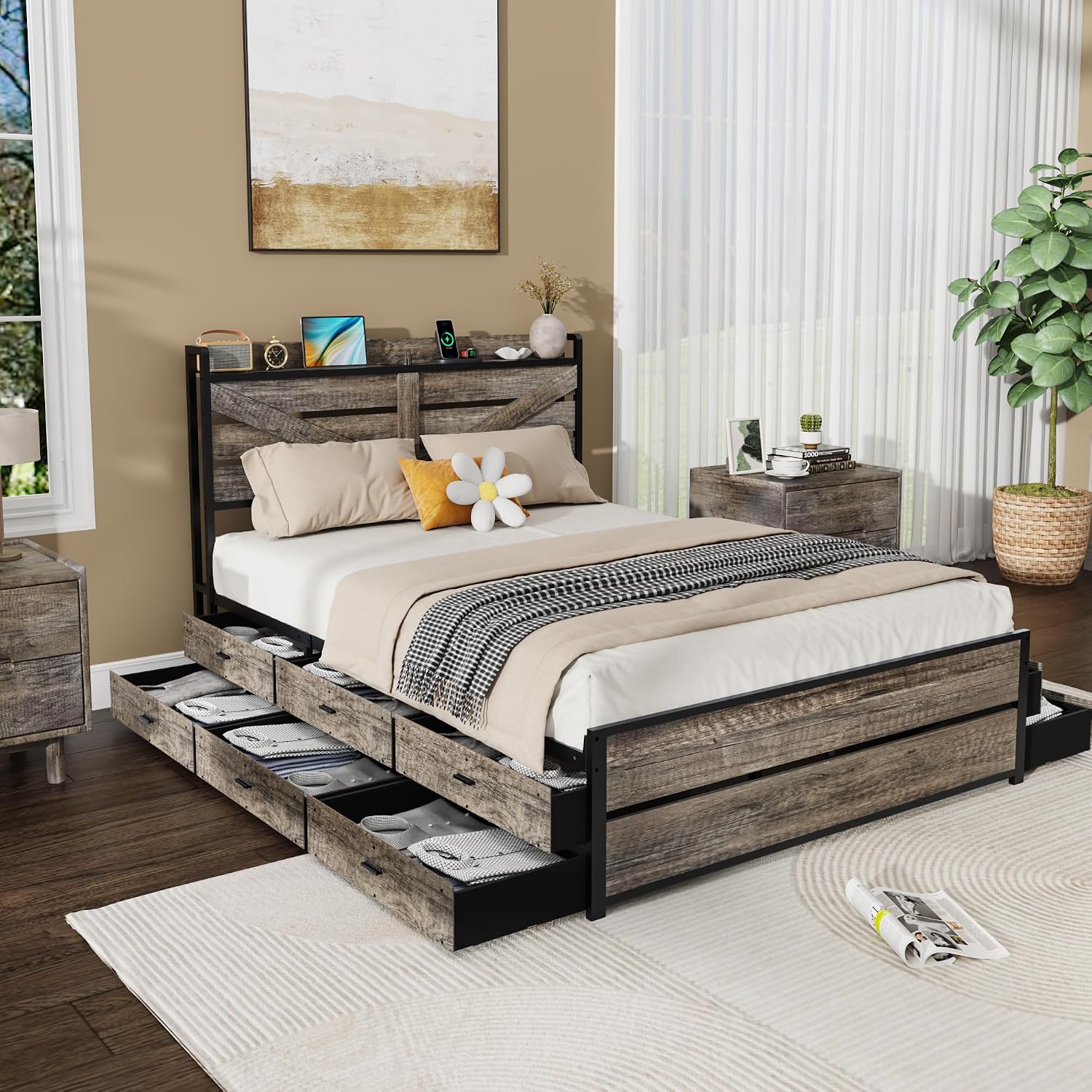 Metal Queen Bed Frame with Storage Headboard and 12 Drawers, Farmhouse Platform Bed with Charging Station, Metal Slats Support, No Box Spring Needed (Oak, Queen)