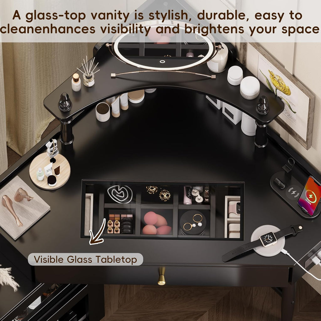 Corner Vanity Desk Set with Storage Cushioned Stool and Charging Station, Triangle Makeup Desk with Removable Pull Out Side Cabinet, Glass Tabletop Makeup Vanity Desk with Drawer and Shelf, Black