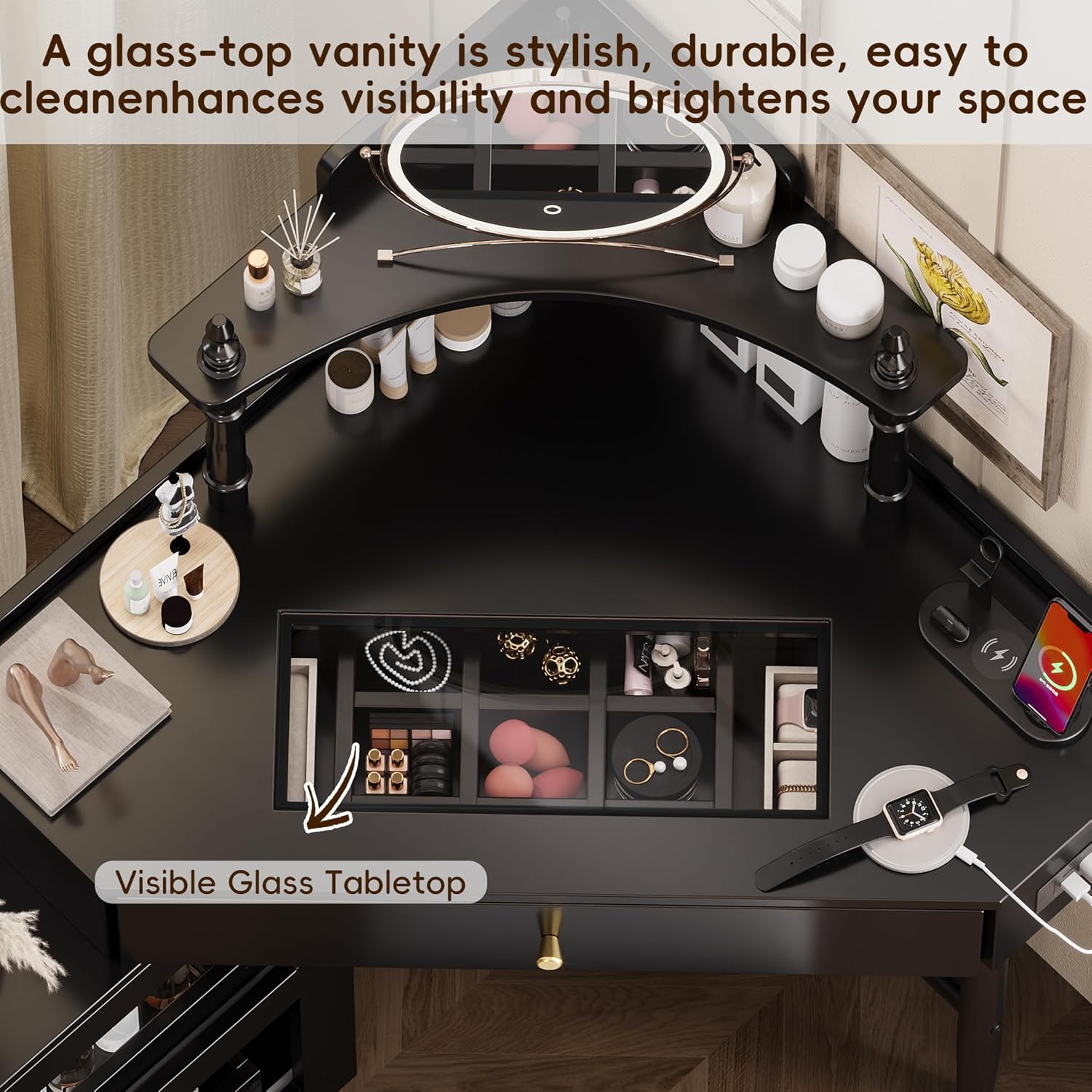 Corner Vanity Desk Set with Storage Cushioned Stool and Charging Station, Triangle Makeup Desk with Removable Pull Out Side Cabinet, Glass Tabletop Makeup Vanity Desk with Drawer and Shelf, Black