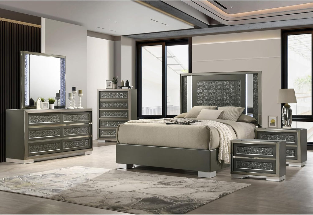 Furniture of America Uself Modern Solid Wood 6-Piece Bedroom Set with LED on Headboard and Mirror, Silver Bracketed Feet, Leaf Pattern Molding, No Box Spring Needed, King, Dark Gray