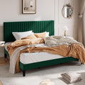 SHA CERLIN King Upholstered Platform Bed Frame with Vertical Channel Tufted Velvet Fabric Adjustable Headboard, Wooden Slats Support, Mattress Foundation, Box Spring Optional, Green