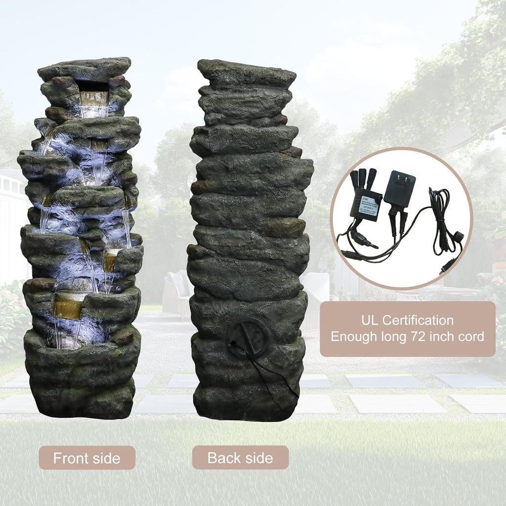 Naturefalls 51' Extra Large Outdoor Water Fountain - Waterfall Fountain with 7 LED Lights, 7-Tiers Cascading, Poly-Resin Indoor and Outdoor Fountain for Garden, Patio, Backyard, Lawn, Yard Decor