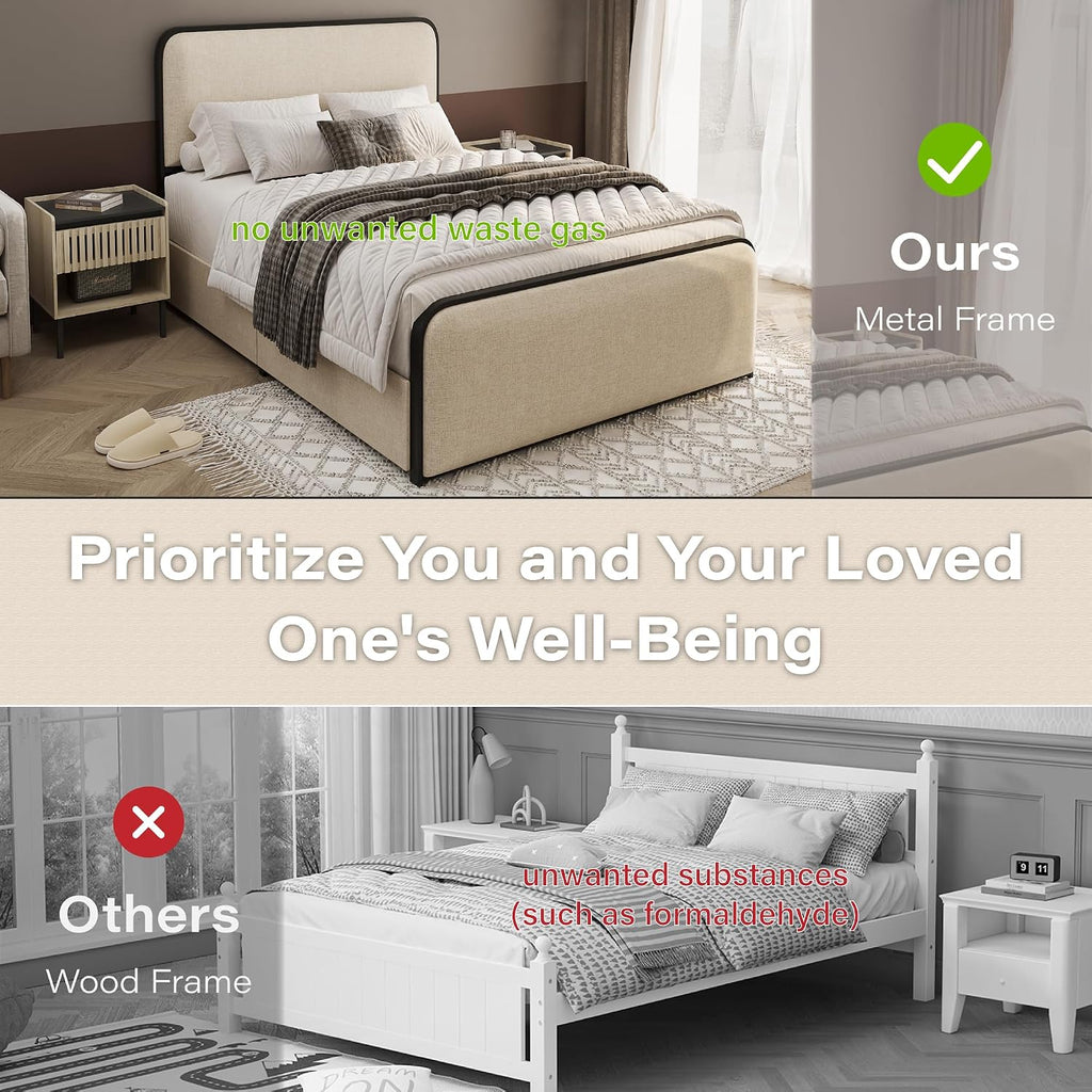 Queen Metal Platform Bed with 4 Under Bed Drawers, Modern Minimalist Linen Upholstered Bed Frame with Headboard & Footboard, Squeak-Free, No Box Spring Needed, Easy Assembly, Cream Beige