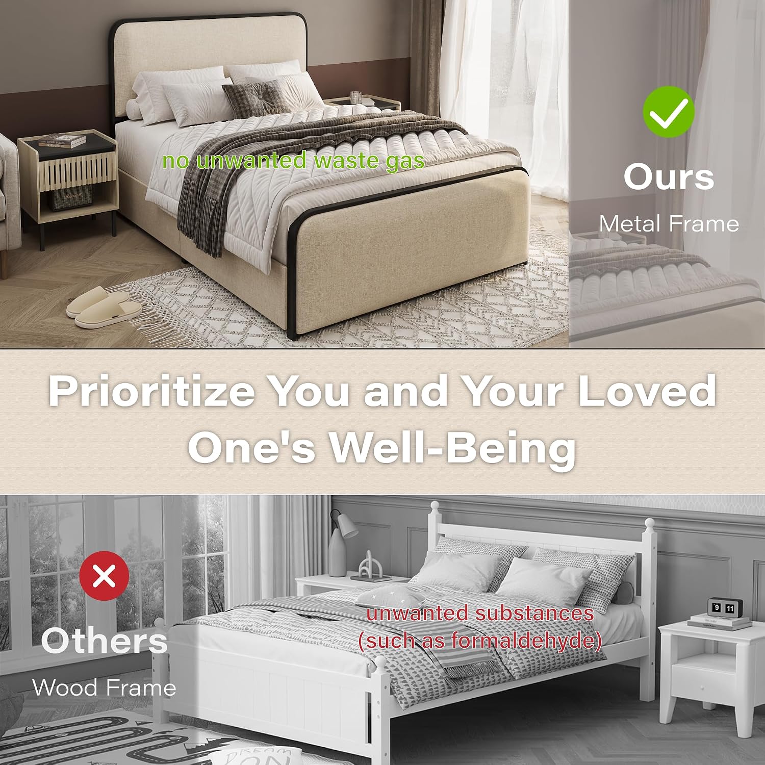 Queen Metal Platform Bed with 4 Under Bed Drawers, Modern Minimalist Linen Upholstered Bed Frame with Headboard & Footboard, Squeak-Free, No Box Spring Needed, Easy Assembly, Cream Beige