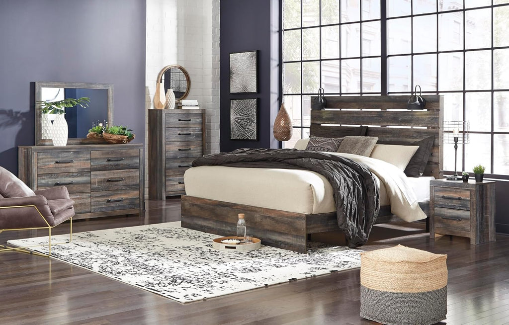 Signature Design by Ashley Drystan Rustic King Panel Bed with Sconce LED Lights, USB Ports and Nailheads, Foundation or Box Spring Needed, Dark Brown & Gray