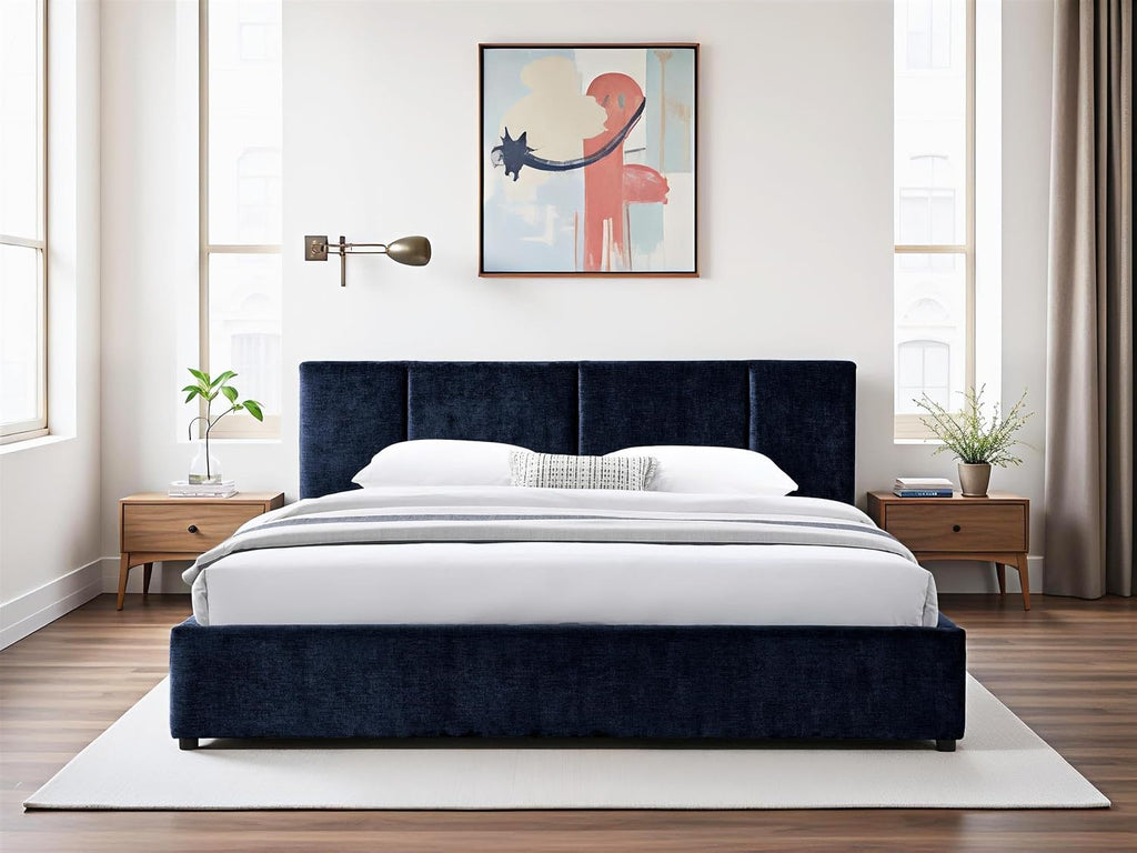 Venice Upholstered Platform Bed | Box Spring Not Required | Blue Fabric, King Size