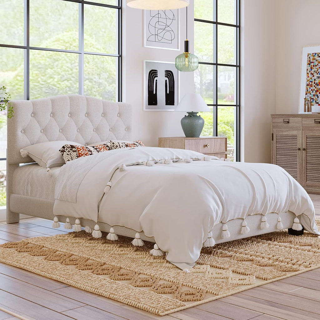 King Size Bed Frame, Upholstered Platform Bed with Diamond Tufted Headboard, Sturdy Slat Support Mattress Foundation, No Box Spring Needed, Modern Bedroom Furniture (King)
