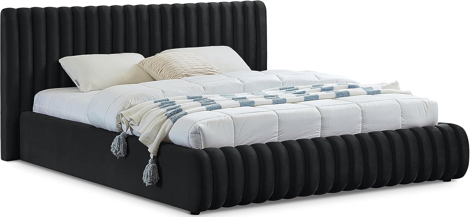 Meridian Furniture NicoBlack-Q Nico Collection Modern | Contemporary Velvet Upholstered Queen Bed with Rich Black Velvet and Deep Channel Tufting, 74' W x 91' D x 38' H, Black, Queen