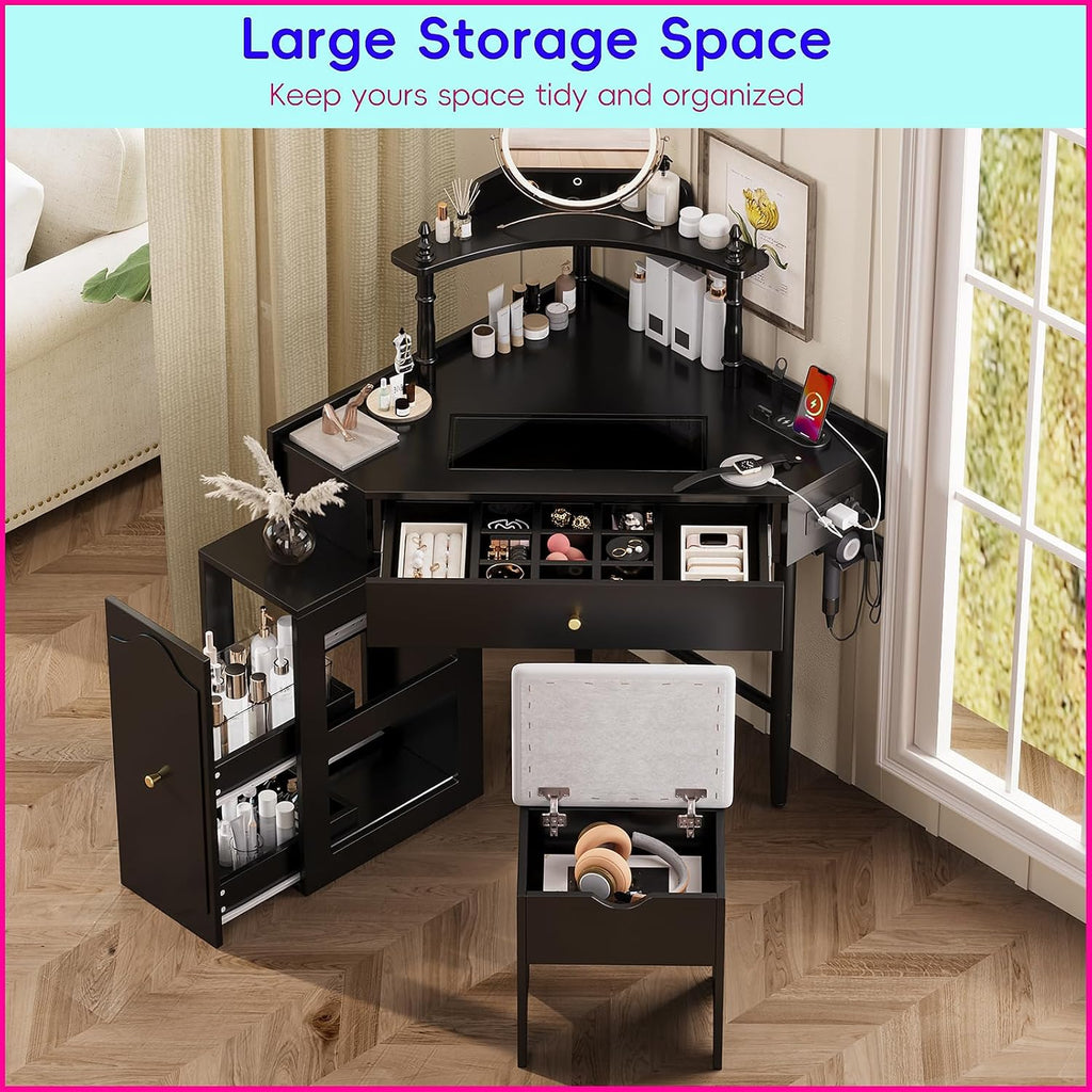 Glass Tabletop Vanity Desk with Removable Pull-Out Side Cabinet Triangle Makeup Table with Storage Chair Corner Dresser with Drawer and 2 Spacious Shelves for Bedroom, Black