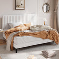 SHA CERLIN King Upholstered Platform Bed Frame with Vertical Channel Tufted Velvet Fabric Adjustable Headboard, Wooden Slats Support, Mattress Foundation, Box Spring Optional, White
