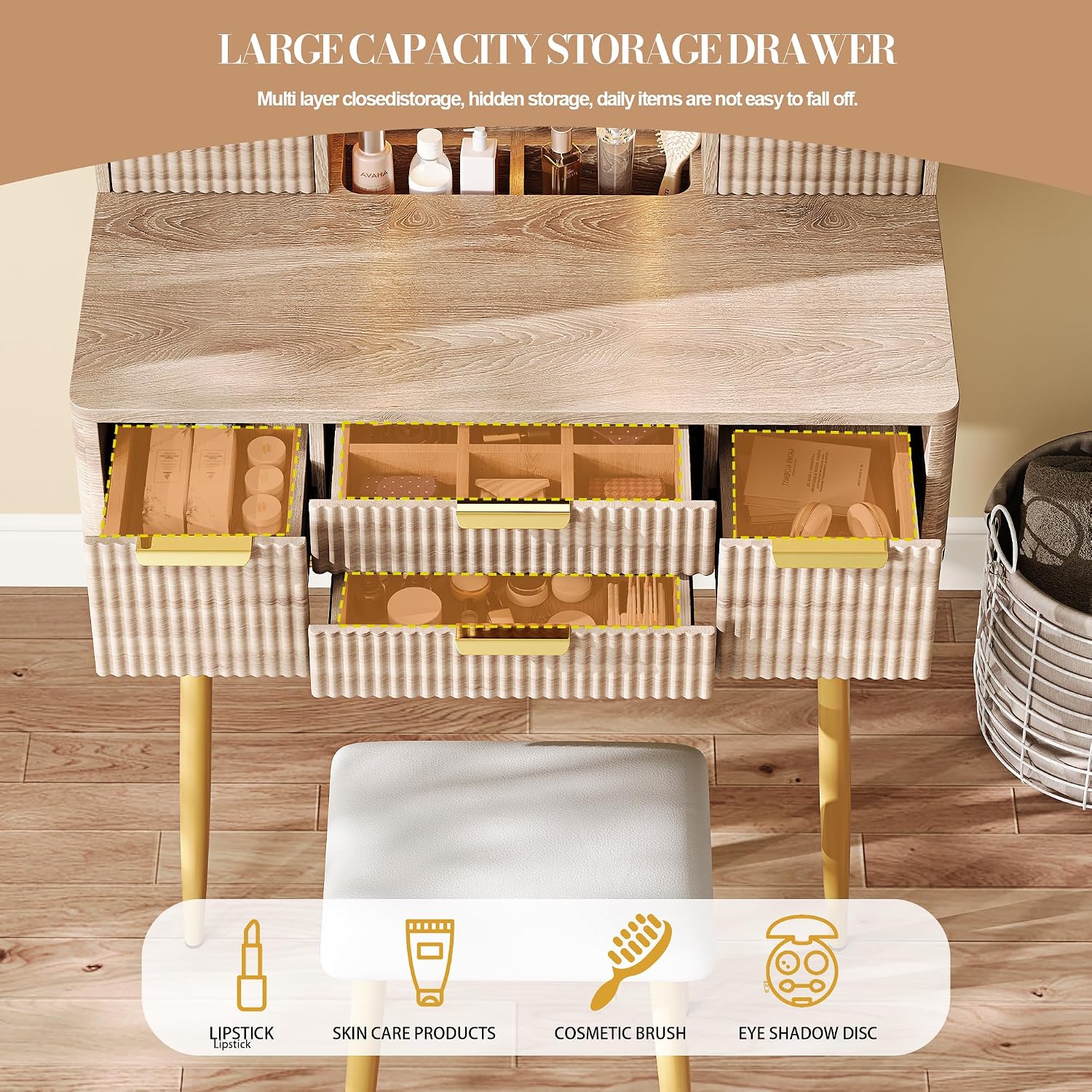 Vanity Desk with LED Mirror Lights, 4 Drawers & Jewelry Storage, Makeup Vanity Set with Metal Legs and PU Stool, Dressing Table for Bedroom Girls, Yellow Brown