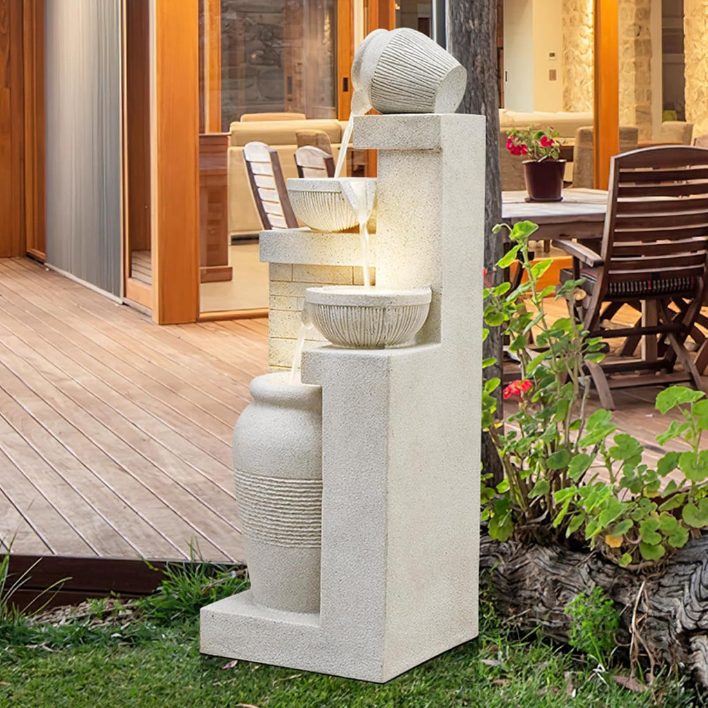 42.52' Outdoor Garden Water Fountain with Lights 4 Tiers Cascading Large Waterfall Floor Standing Fountain for Patio, Backyard, Deck, Porch and Home Art Decor