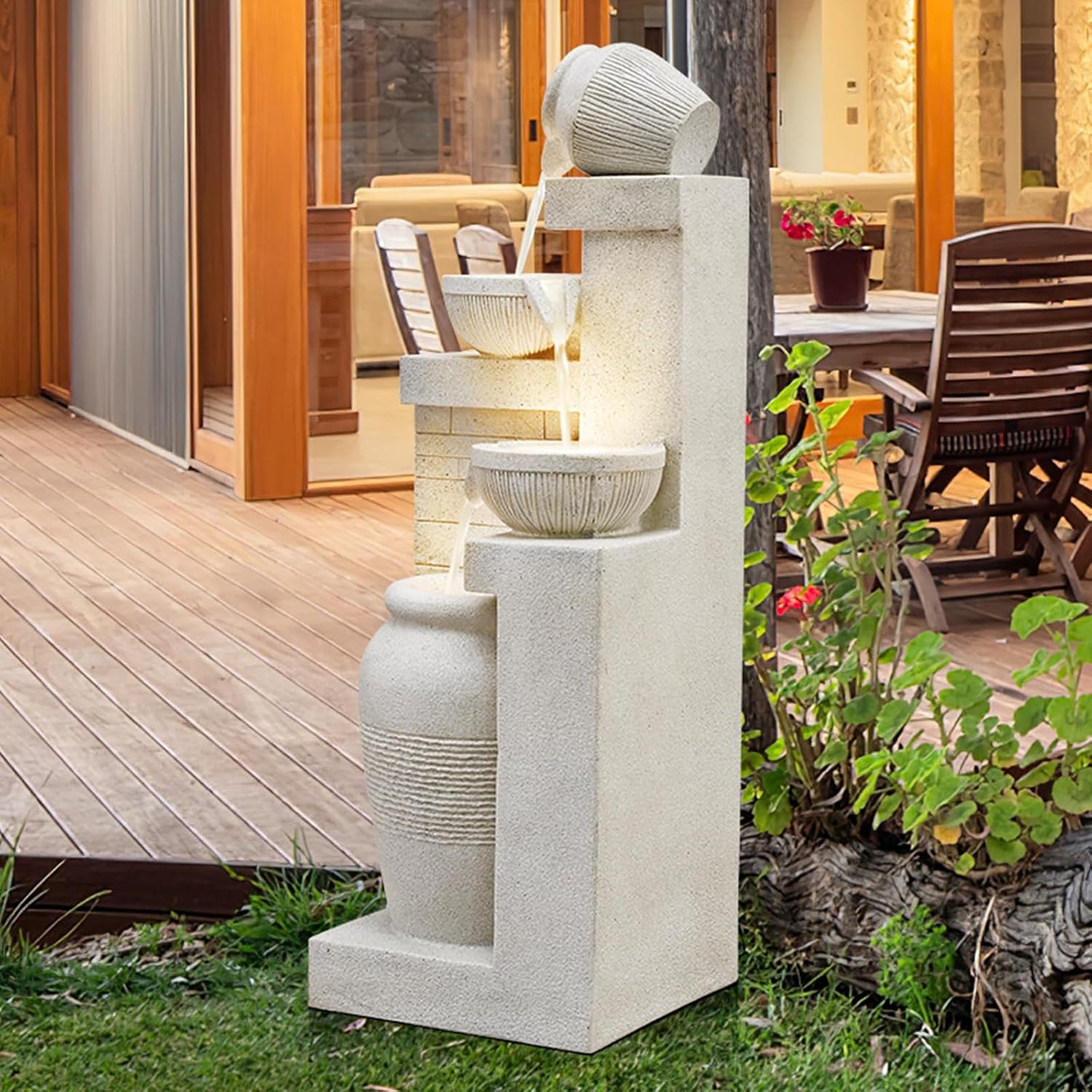 42.52' Outdoor Garden Water Fountain with Lights 4 Tiers Cascading Large Waterfall Floor Standing Fountain for Patio, Backyard, Deck, Porch and Home Art Decor