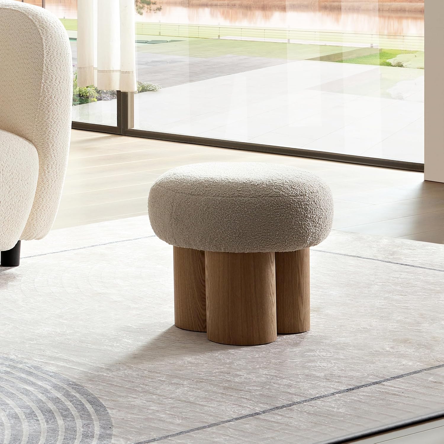 Mushroom Ottoman Stool with Teddy Fabric Upholstery, Round Foot Rest Seat, Walnut Veneer Look Barrel Base, Accent Vanity Seating for Entryway Living Room Bedroom Sofa Side Corner Decor (Greige)