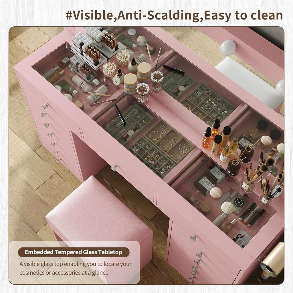 FUSOU 55' W Vanity Desk with Mirror and Lights, 15 Drawers Makeup Vanity with Charging Station, 3 Lighting Modes, Brightness Adjustable, Glass Top Makeup Vanity Desk with Chair for Bedroom, Pink