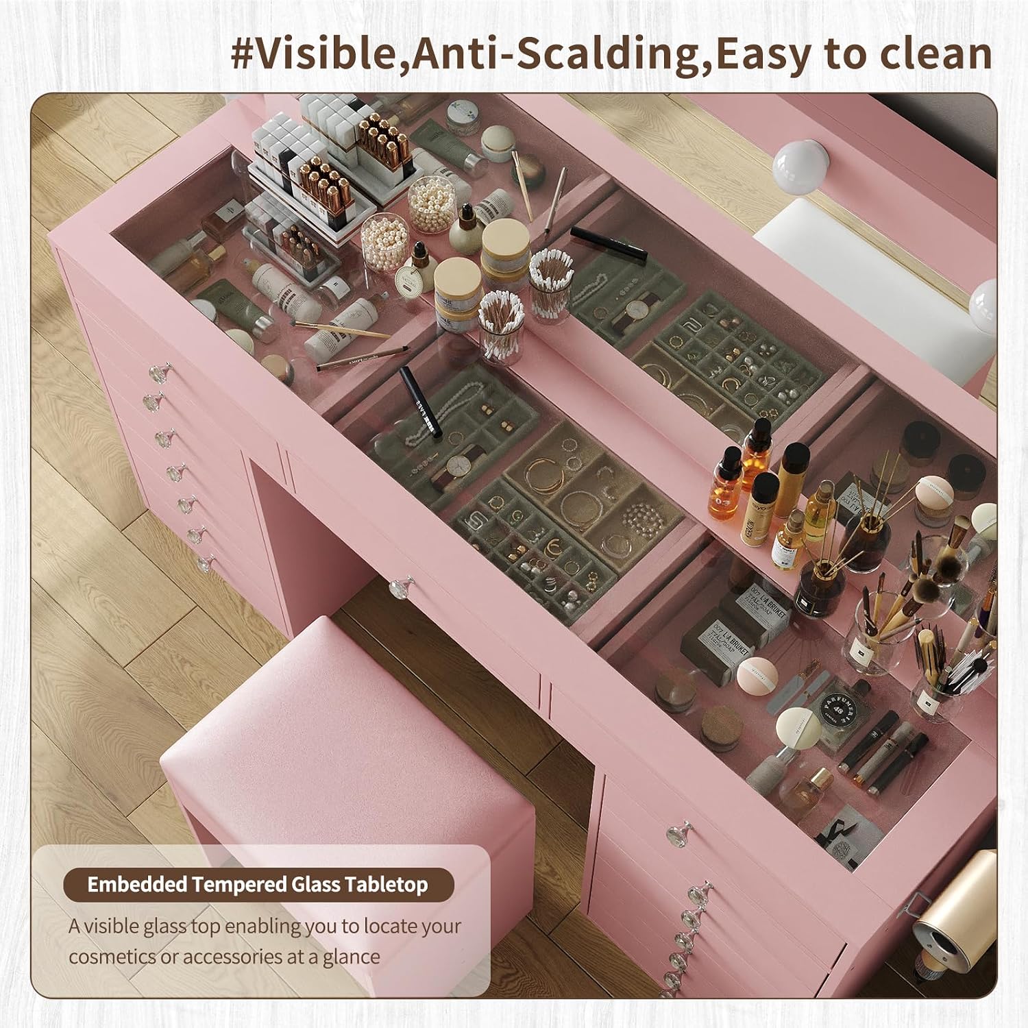 FUSOU 55' W Vanity Desk with Mirror and Lights, 15 Drawers Makeup Vanity with Charging Station, 3 Lighting Modes, Brightness Adjustable, Glass Top Makeup Vanity Desk with Chair for Bedroom, Pink