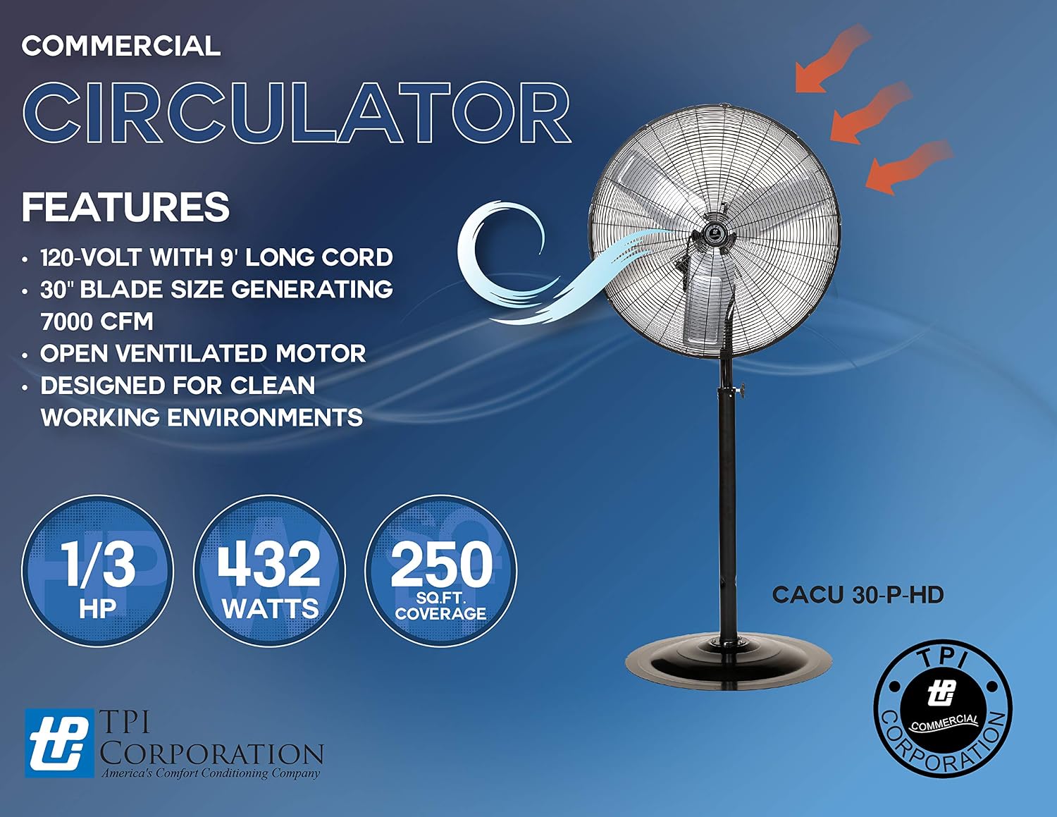TPI Corporation CACU30-PO-HD Commercial Heavy Duty Oscillating Fan, Unassembled w/Pedestal Kit, 30' Blade Diameter, 3 Speed 1/3 HP Motor, 9' Cordset, Black