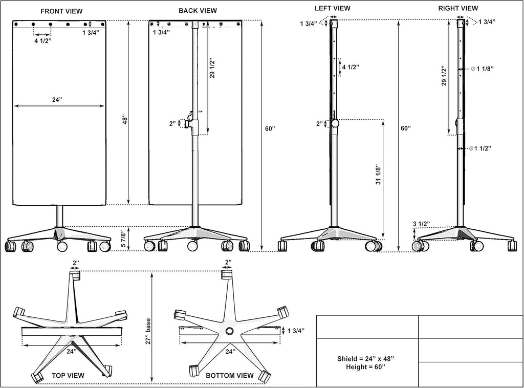 Mobile Lead Porta-Shield – 0.50 mm Pb Eq - Adjustable 24–48″ Height - 24″-Diameter Five-Caster Base - Panels 24' × 48' - 1 Pack