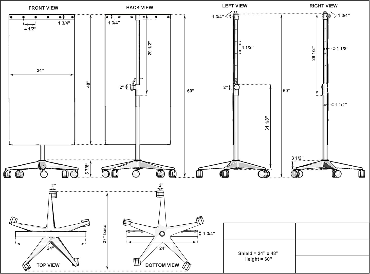 Mobile Lead Porta-Shield – 0.50 mm Pb Eq - Adjustable 24–48″ Height - 24″-Diameter Five-Caster Base - Panels 24' × 48' - 1 Pack