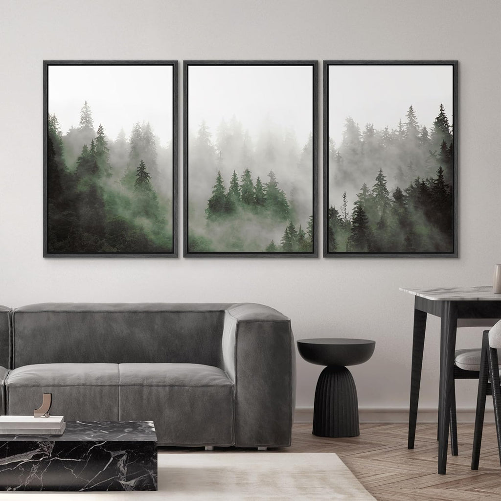 SIGNWIN Framed Canvas Print Wall Art Woodland Nursery Decor Set Fog & Mist Over Green Pine Tree Forest Nature Wilderness Modern Art Chic Landscape for Living Room, Bedroom, Office - 24'x36'x3 Black