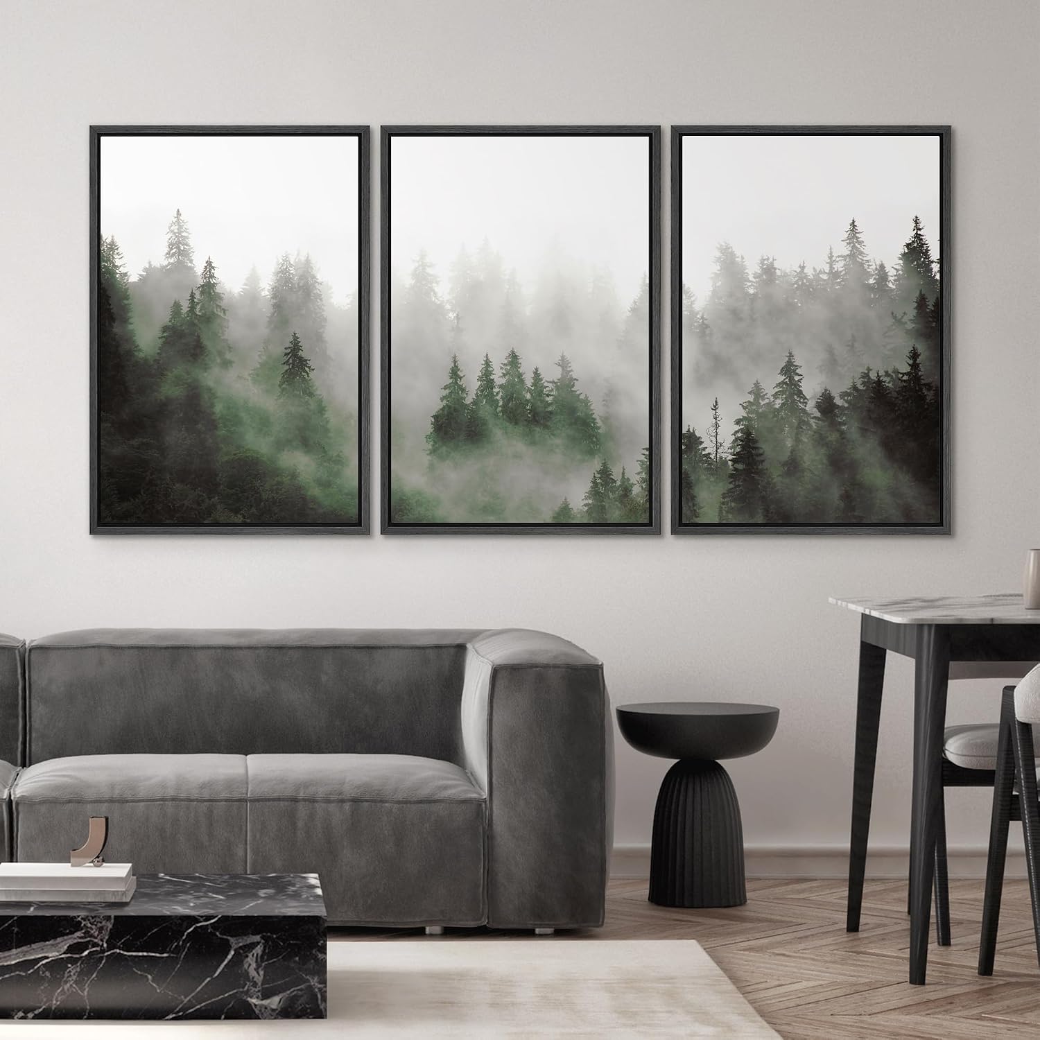 SIGNWIN Framed Canvas Print Wall Art Woodland Nursery Decor Set Fog & Mist Over Green Pine Tree Forest Nature Wilderness Modern Art Chic Landscape for Living Room, Bedroom, Office - 24'x36'x3 Black