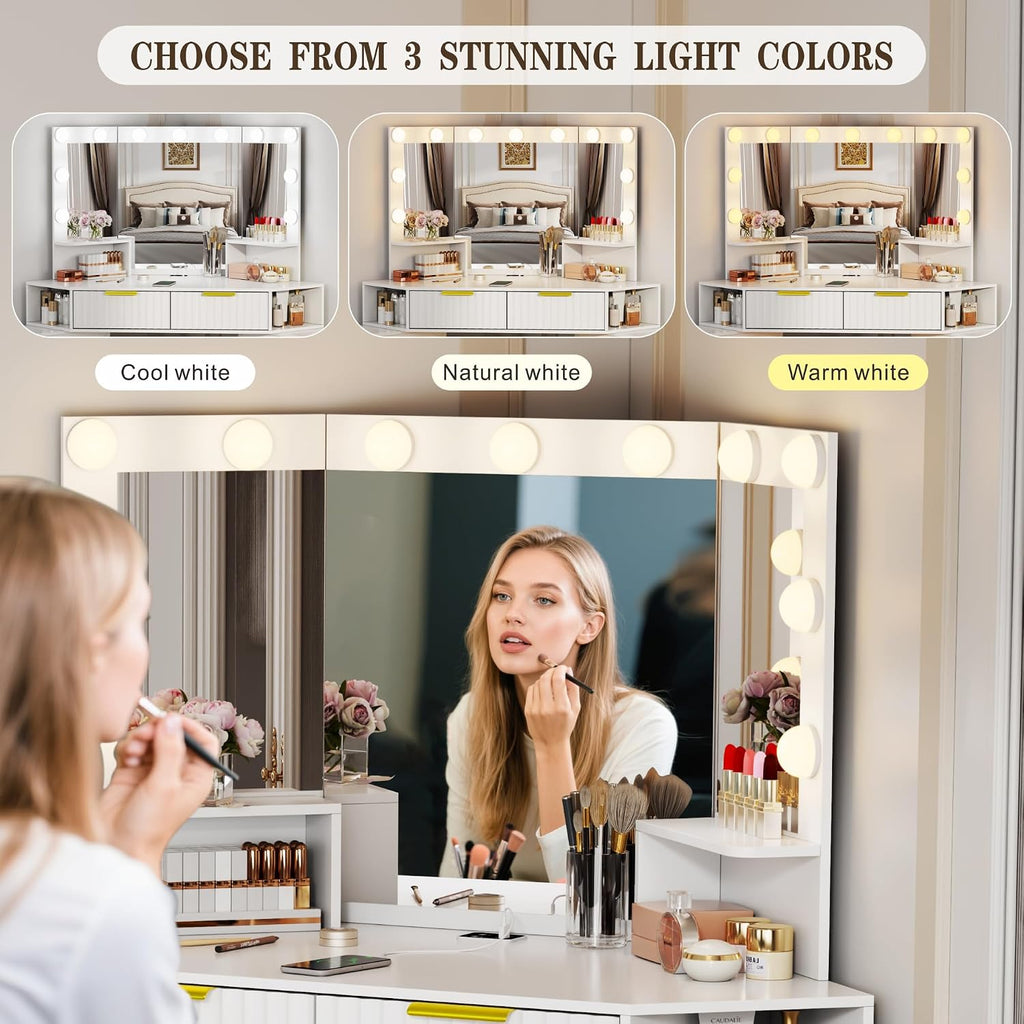Vanity Desk with Charging Station & LED Lights Mirror – Corner Design HD Triple Mirror Makeup Vanity Table Set with Storage Drawers & Chair for Living Room/Bedroom Ideal Gift (White)