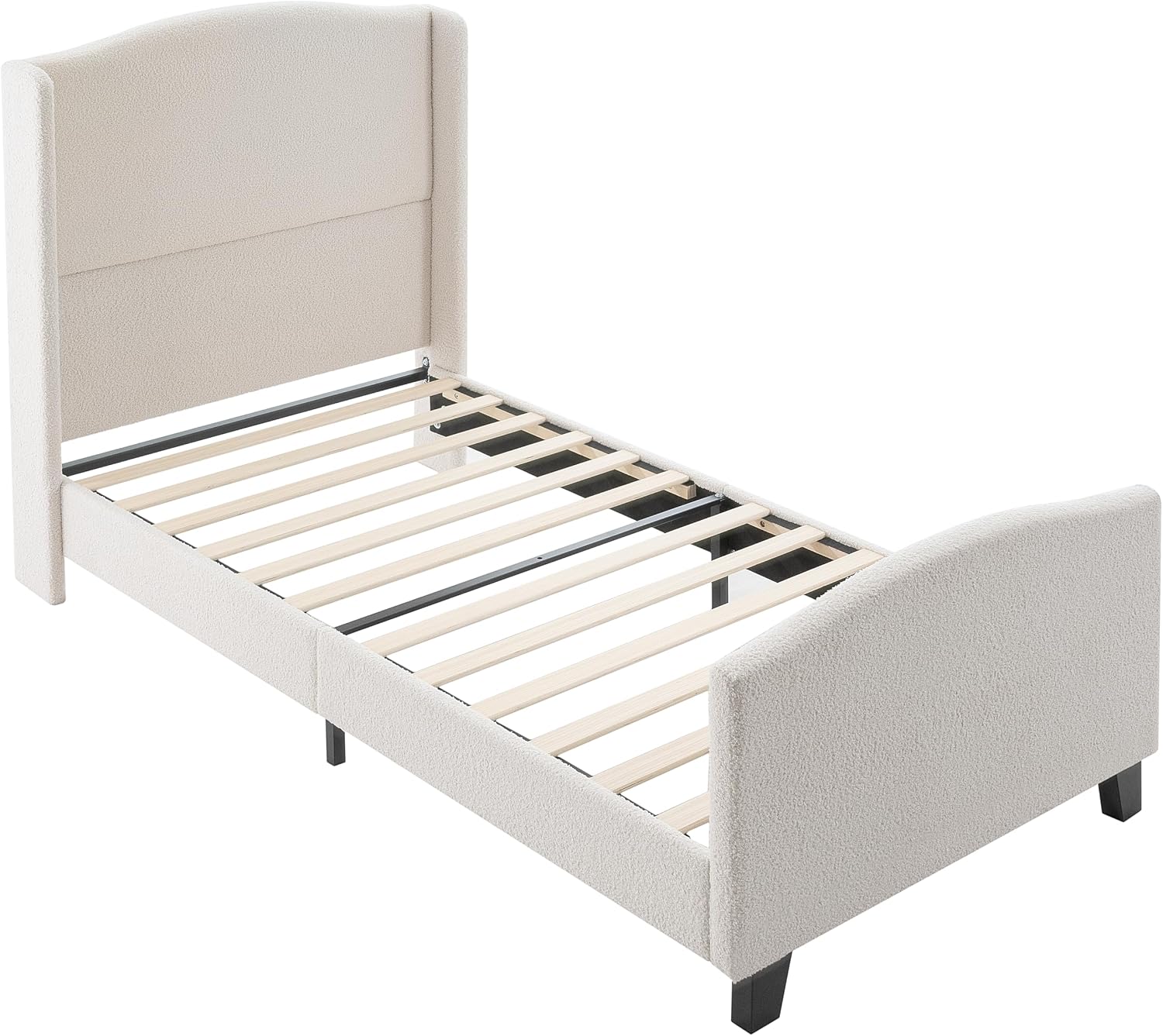 KEIKI Twin Size Velvet Upholstered Platform Bed, Metal Bed Frame w/Tall Wingback Headboard, Modern Solid Bedframe Twin-Size for Bedroom, Wood Slat Support, No Box Spring Needed, Easy Assembly, Ivory