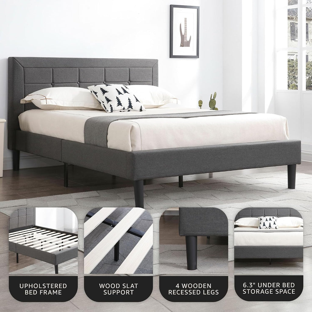 Decoro Mornington Upholstered 2.0 Platform Bed, Button-Tufted Fabric Headboard and Metal Frame with Wood Slat Support, Dark Grey, Full