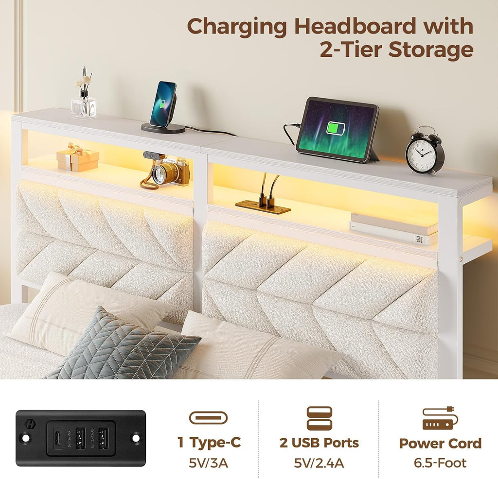 Seventable Bed Frame Full Size with Charging Station, LED Bed with Upholstered Storage Headboard, Metal Platform Bed with Under Bed Storage, No Box Spring Needed, Noise Free, Easy Assembly, White