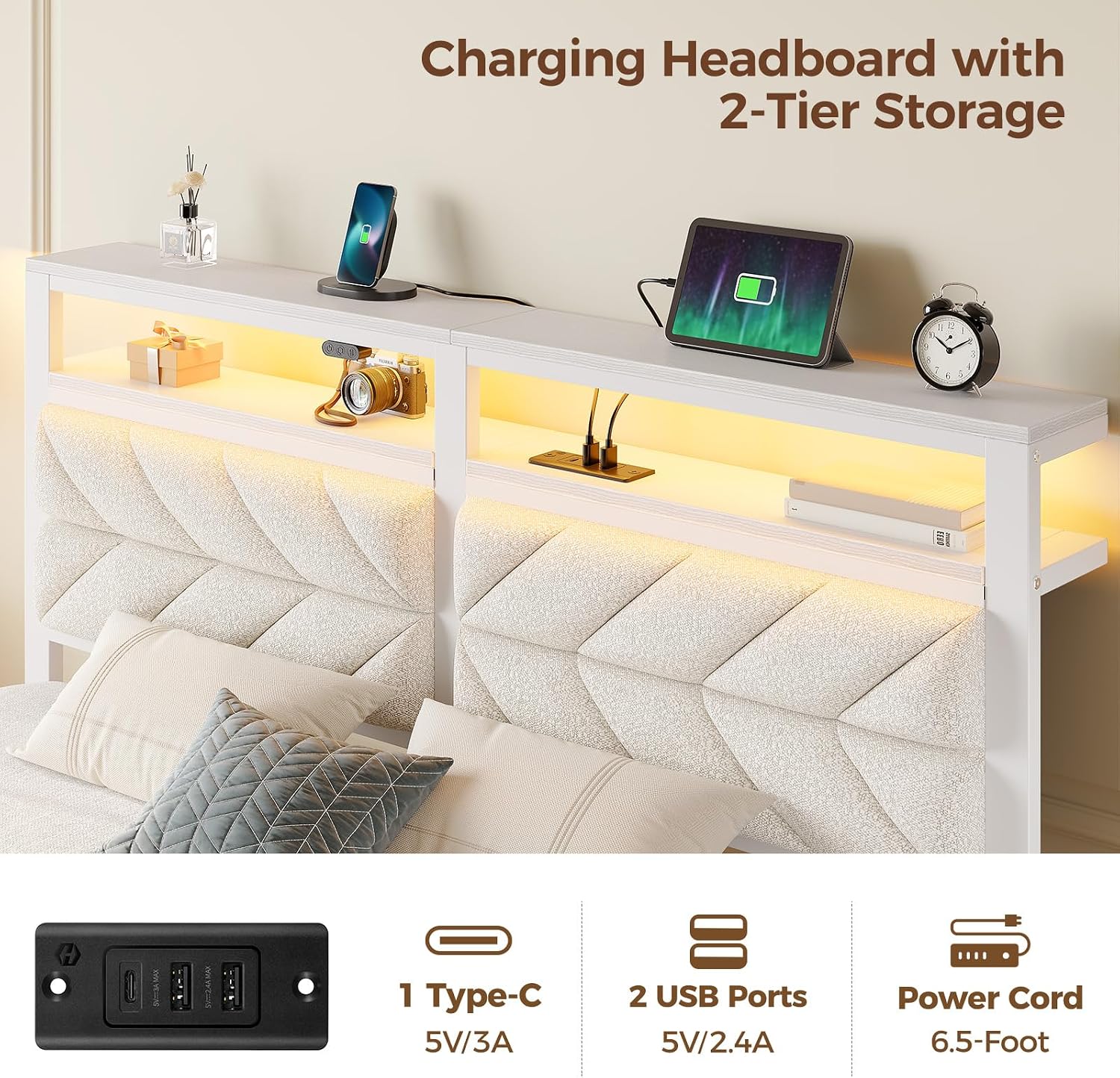 Seventable Bed Frame Full Size with Charging Station, LED Bed with Upholstered Storage Headboard, Metal Platform Bed with Under Bed Storage, No Box Spring Needed, Noise Free, Easy Assembly, White
